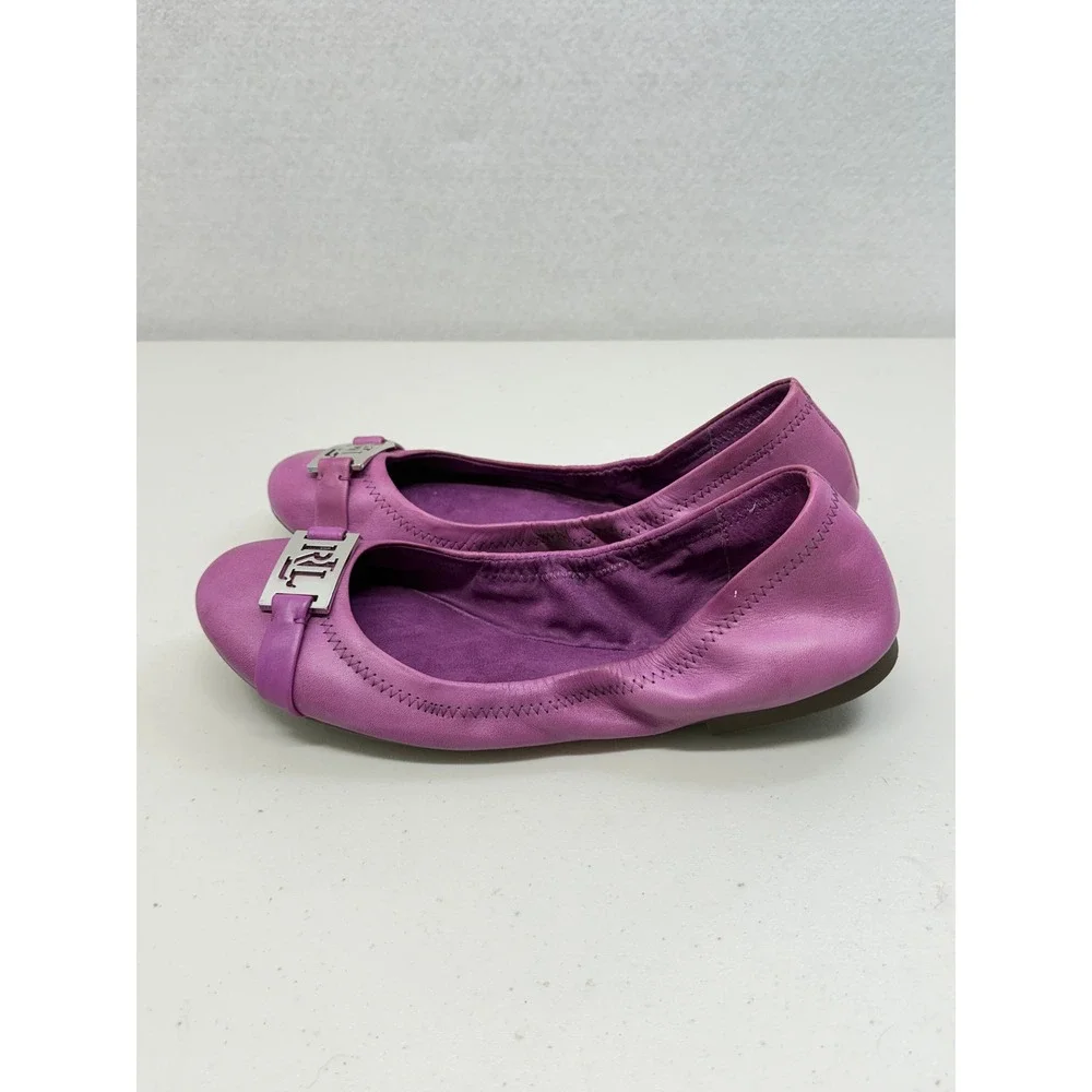 Ralph Lauren Purple Genuine Leather Ballet Flats Silver Buckle Size 9.5 B